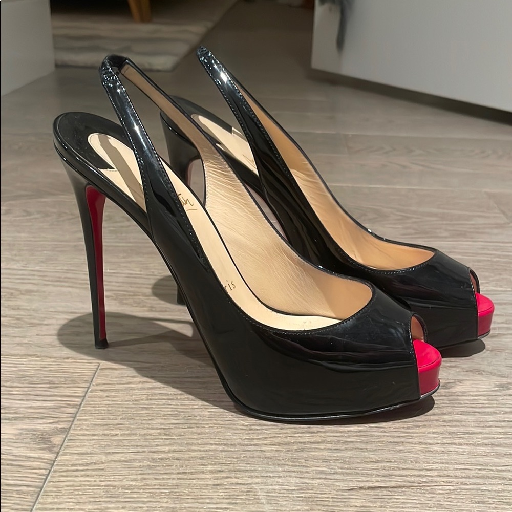 Christian Louboutin Black Peep-Toe Slingback Heels